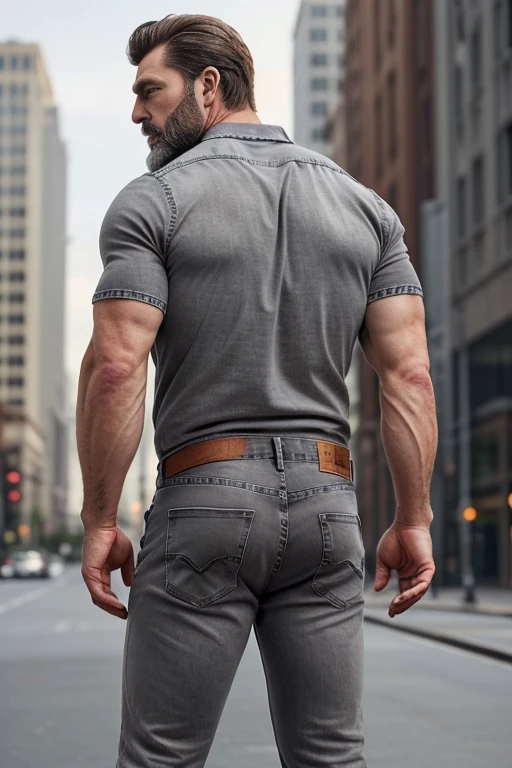 Mature man, very handsome, best quality, shirt formal ((gray jeans), hairy chest , masterpiece, super high resolution, detailed background, reality, , single, 1 boy, muscle man, beard, in the city, muscle, facial hair, volumetric lighting, depth of field, wheezing, raised crotch, handsome action, big dynamics,(((backside))) 