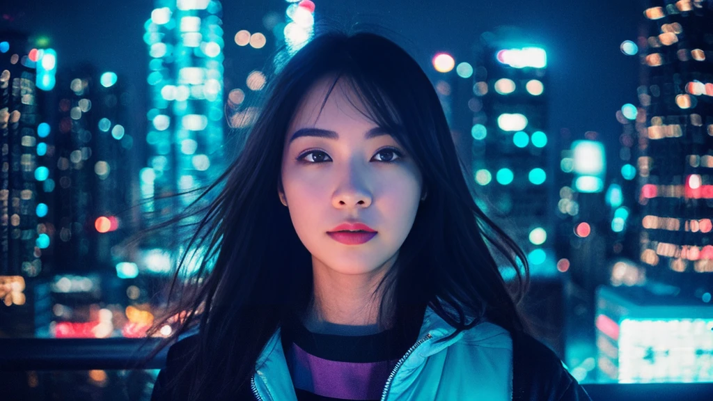 "Big city at night、A young woman wanders amongst the neon-lit skyscrapers。She has a vague facial contour.、Has a lonely look。Transparent bubbles float around the woman.、Each bubble seems to reflect her thoughts and dreams.。Starry sky spreads out in the background、The contrast between the hustle and bustle of the city and the quietness of it all is depicted.。The color scheme is based on cool blue and purple.、The bubbles and the woman are depicted as floating in a soft light.、Overall silence and solitude、It has a fantastical atmosphere that gives a sense of transience.。", High resolution, masterpiece, highest quality, Intricate details, Very detailed, Clear focus, Delicate skin, practical skin texture, texture, Delicate eyes, Professional, 4K, Shot with Canon, 85mm, Shallow and deep,  Kodak Vision Color, Exactly, Very detailed, photograph_\(Extremist\), photographpractical, practical, Post-processing, Maximum details, Roughness, Real Life, Extremist practical, Photorealism, photographgraphy, 8K Ultra HD, photographgraphy