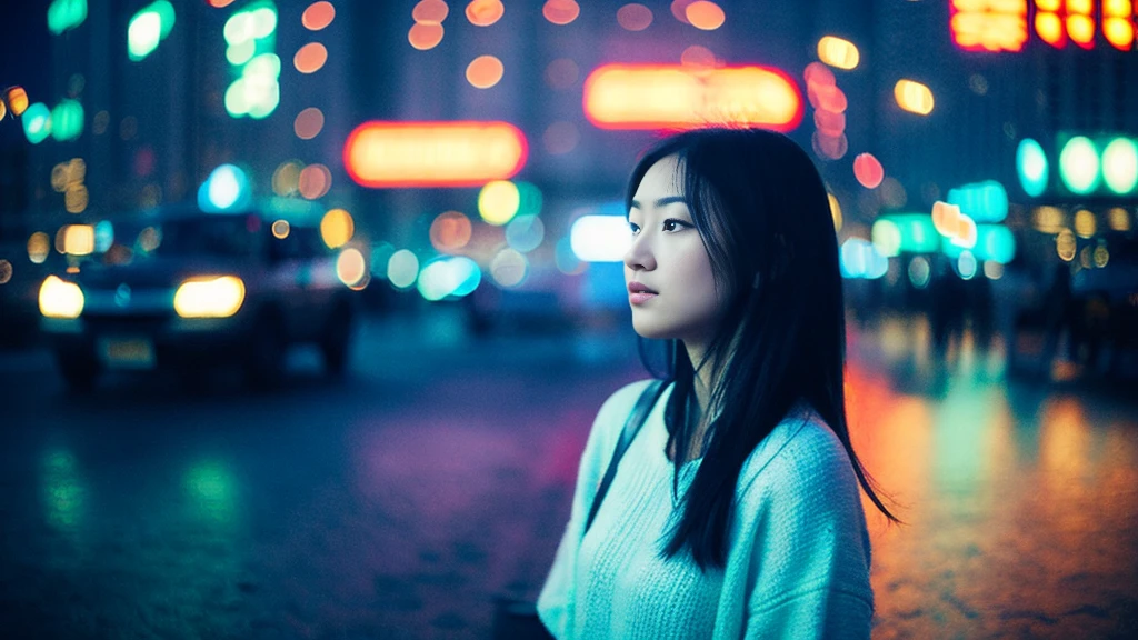 "Big city at night、A young woman wanders amongst the neon-lit skyscrapers。She has a vague facial contour.、Has a lonely look。Transparent bubbles float around the woman.、Each bubble seems to reflect her thoughts and dreams.。Starry sky spreads out in the background、The contrast between the hustle and bustle of the city and the quietness of it all is depicted.。The color scheme is based on cool blue and purple.、The bubbles and the woman are depicted as floating in a soft light.、Overall silence and solitude、It has a fantastical atmosphere that gives a sense of transience.。", High resolution, masterpiece, highest quality, Intricate details, Very detailed, Clear focus, Delicate skin, practical skin texture, texture, Delicate eyes, Professional, 4K, Shot with Canon, 85mm, Shallow and deep, Kodak Vision Color, Exactly, Very detailed, photograph_\(Extremist\), photographpractical, practical, Post-processing, Maximum details, Roughness, Real Life, Extremist practical, Photorealism, photographgraphy, 8K Ultra HD, photographgraphy