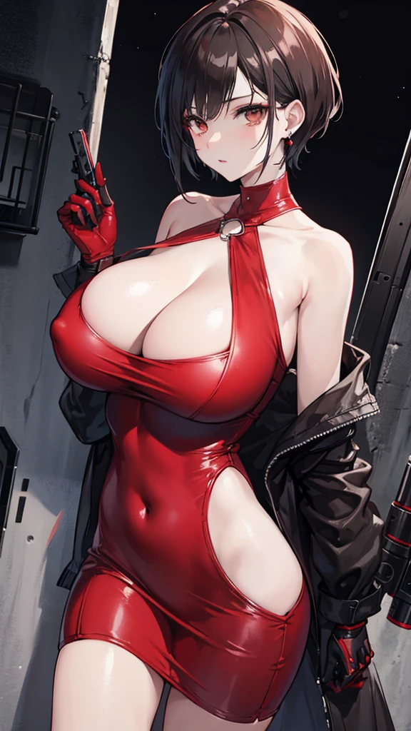 resident Evil，Ada.king，Red bottom bust dress，Slender，Black short hair，Brown eyes，earrings，Sexy，Huge chest chamber，cleavage，camera in hand，metallic pistol，night，village