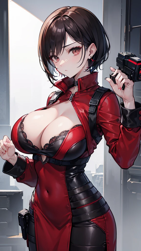 resident Evil,Ada.king,Red bottom bust dress,Slender,Black short hair,Brown eyes,earrings,Sexy,Huge chest chamber,cleavage,camera in hand,metallic pistol,night,village