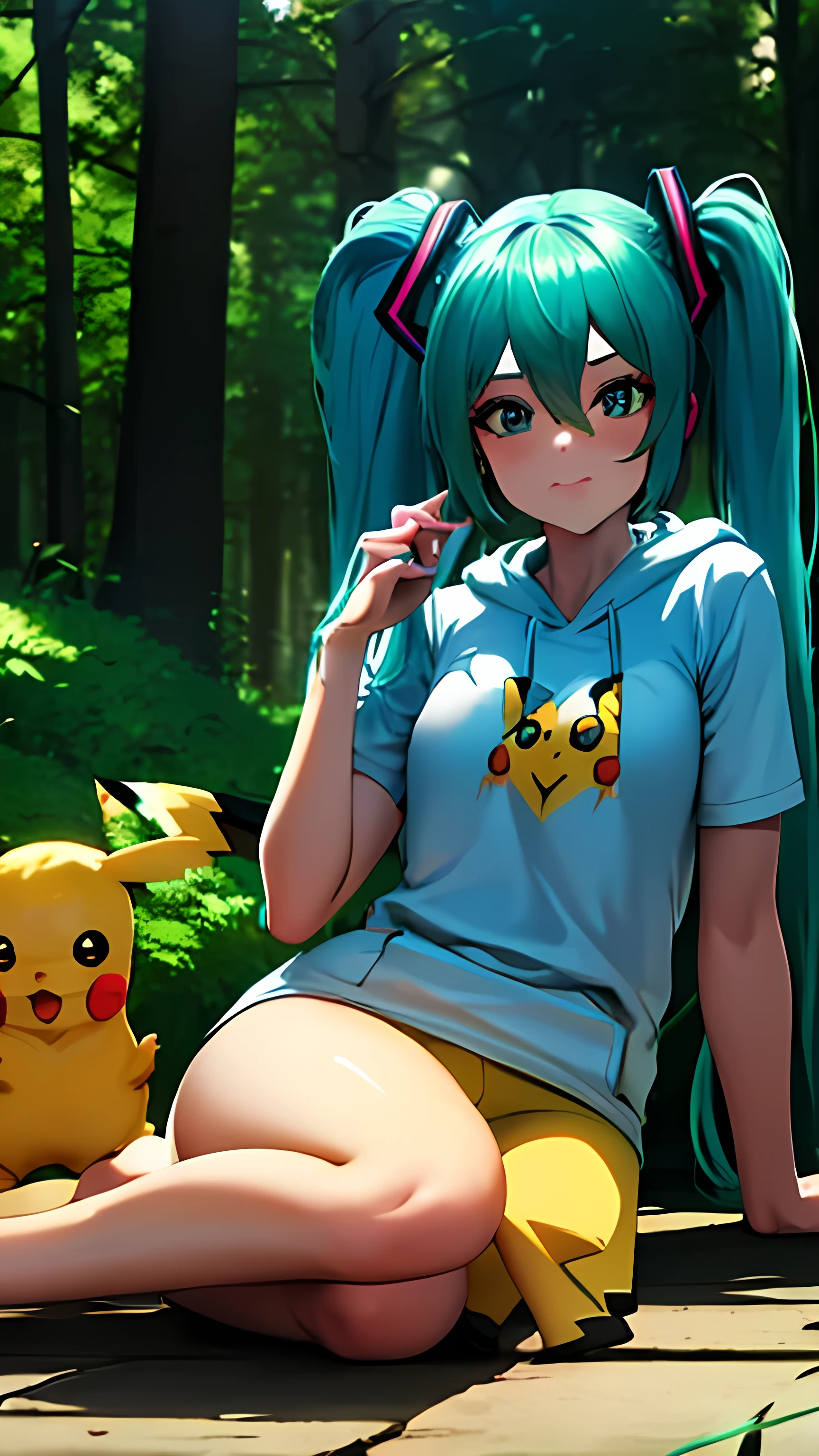 uhd, absurdres, cowboy shot 1girl, Hatsune Miku, bare legs, hoodie, short sleeves, in a bright forest, ((with a pikachu))