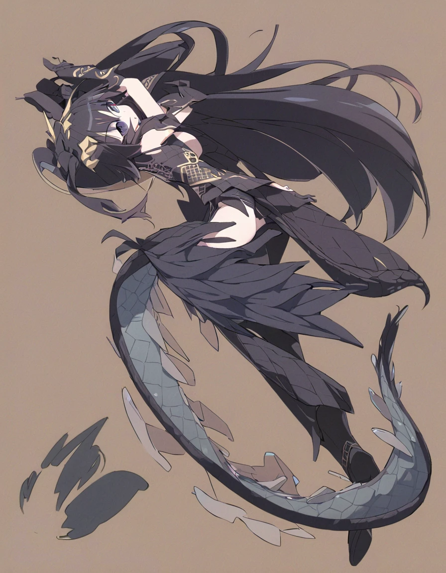 Dragon girl with crystal golden horn Black Hair Full body black Dragon's tail Aerial