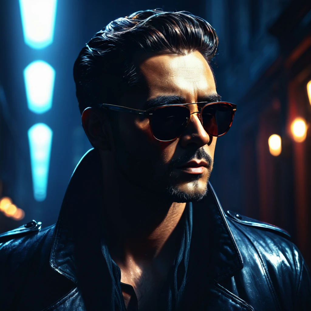 Man with sunglasses, cinematic lighting, high contrast, dramatic atmosphere, dark fantasy, rich colors, digital painting, hyper-detailed, 4k, octane rendering, masterpiece