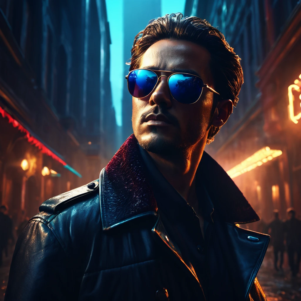 Man with sunglasses, cinematic lighting, high contrast, dramatic atmosphere, dark fantasy, rich colors, digital painting, hyper-detailed, 4k, octane rendering, masterpiece