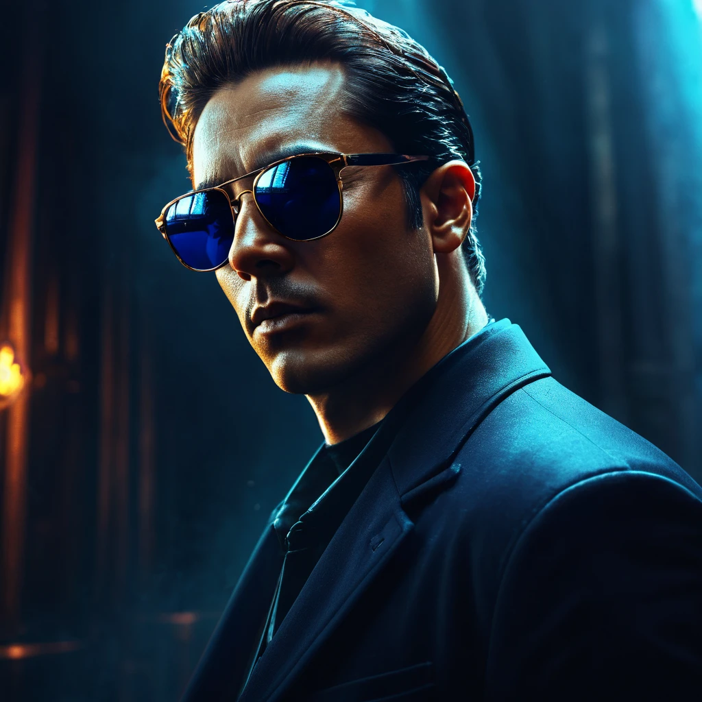 Man with sunglasses, cinematic lighting, high contrast, dramatic atmosphere, dark fantasy, rich colors, digital painting, hyper-detailed, 4k, octane rendering, masterpiece