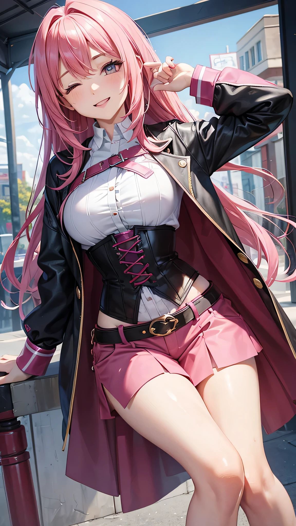 A young 16 year old WOMAN with vibrant pink hair, vestida con un abrigo oscuro y una camisa blanca, with a corset and several belts, pantalones cortos negros y medias hasta el muslo, y botas marrones. The woman has her eyes closed and an expression of gratitude and happiness on her face, ropa muy corta y delgada, le agrada mostrar su cuerpo, chica empoderada.