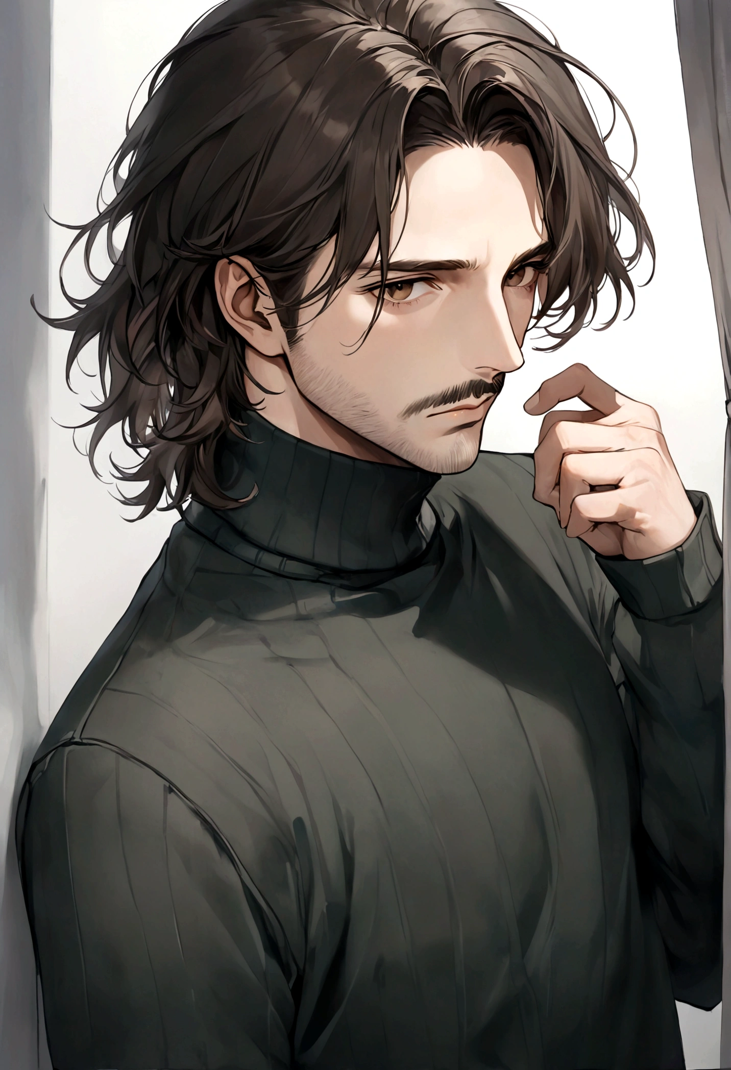 (black turtleneck sweater, A men&#39;s turtleneck sweater), ), ((bigote estilo Van Dyke y (barba de chivo) "Van Dyke", Van Dyke beard)), (light brown eyes), Aspecto atractivo y serio, ((cabello muy largo oscuro, messy hair)), Elegante y con estilo, abrigo elegante color gris largo, Un hombre similar al actor Jim Morrison con el cabello largo, ((cabello muy largo)), (Imagen realista y de alta calidad), Apartamento escandinavo en el fondo simple de un cuarto, ((La mejor calidad, 8K, obra maestra).((pose dinamica con mirada al frente, viendo al espectador)), (cabello largo pasando los hombros)