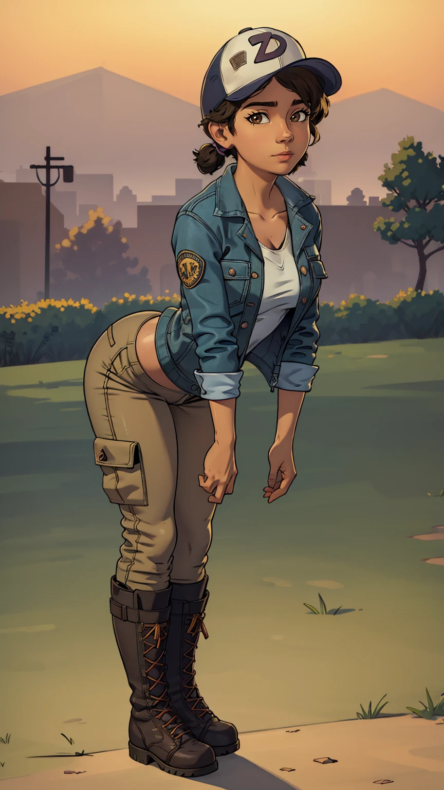 ((masterpiece, best quality)),(complex lighting) ,solo,(((1girl))) ,clementine, light skin,light-skinned female, baseball cap, green cargo pants, brown eyes, tight pants, combat boots, shirt, short hair, one short ponytail, open denim jacket, huge butt, thicc butt , (((8k))), (((full body))), (((bent over))), (((looking at the viewer))), (((view from in front of her))), big breasts