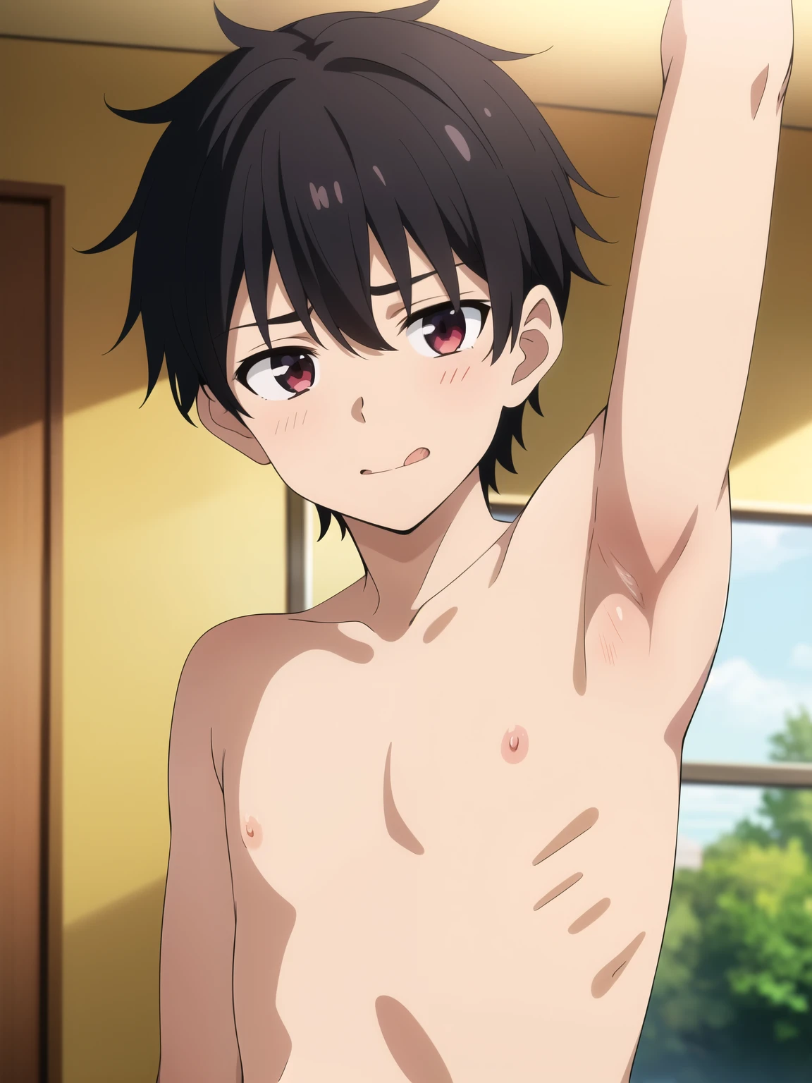 Highres, Masterpiece, Best quality at best,Best Quality,hight quality, hight detailed, anime style, 1boy, Boy, Shota, Solo person, Shirtless, Without cloths, Seen from the front, look at viewer, Look like little brother, Upper body, Flufy hair, (very young boy), (very small and short body), 12-year-old boys, Licking his lips, (A boy is teasing using his armpits), Such a cute smooth armpit, Sexy armpit, beautiful armpits, seductive armpits, Cute face, hansome boy, seductive pose, uhd,