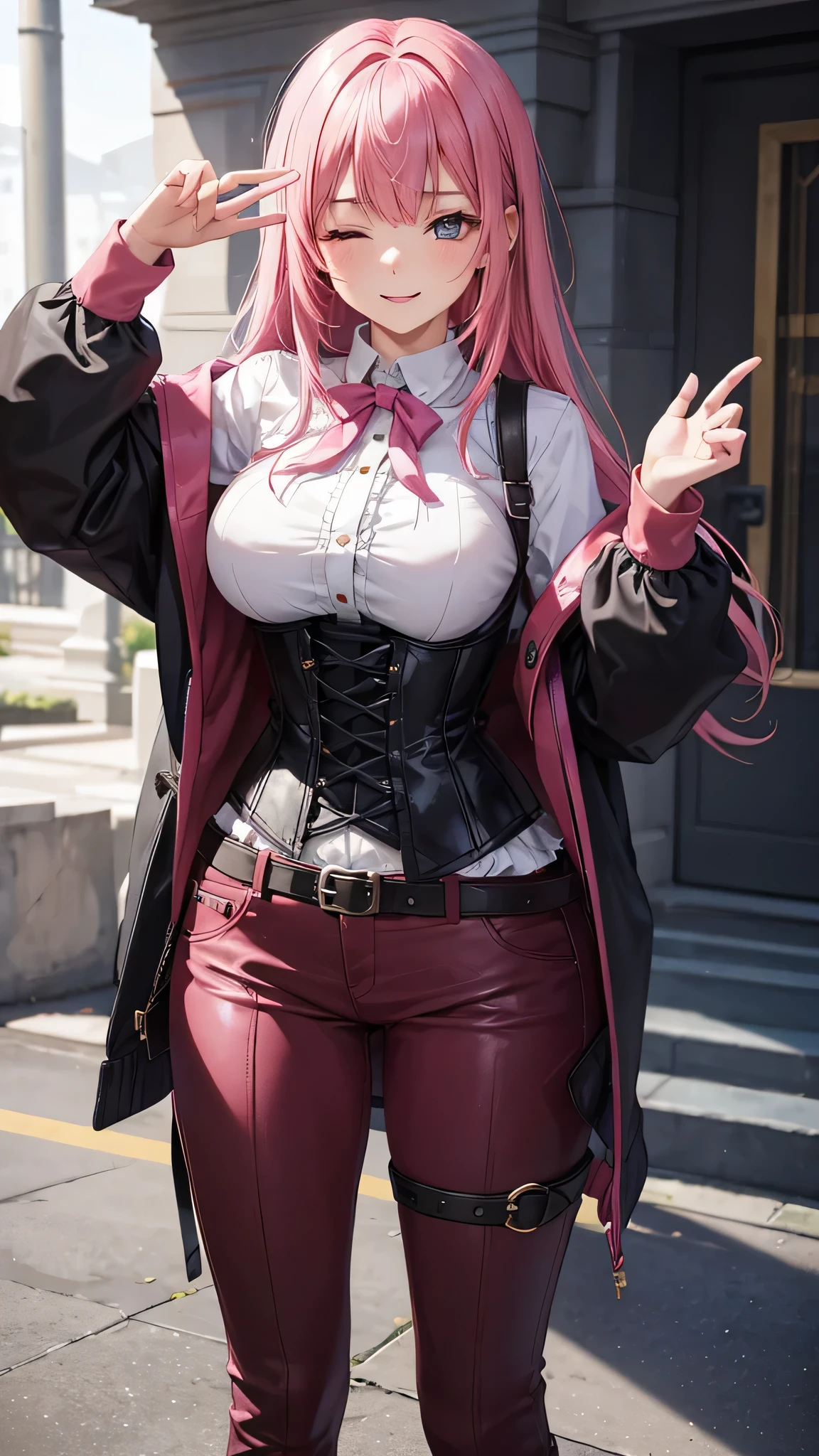 A young 16 year old WOMAN with vibrant pink hair, vestida con un abrigo oscuro y una camisa blanca, with a corset and several belts, pantalones cortos negros y medias hasta el muslo, y botas marrones. The woman has her eyes closed and an expression of gratitude and happiness on her face, ropa muy corta y delgada, le agrada mostrar su cuerpo, chica empoderada.