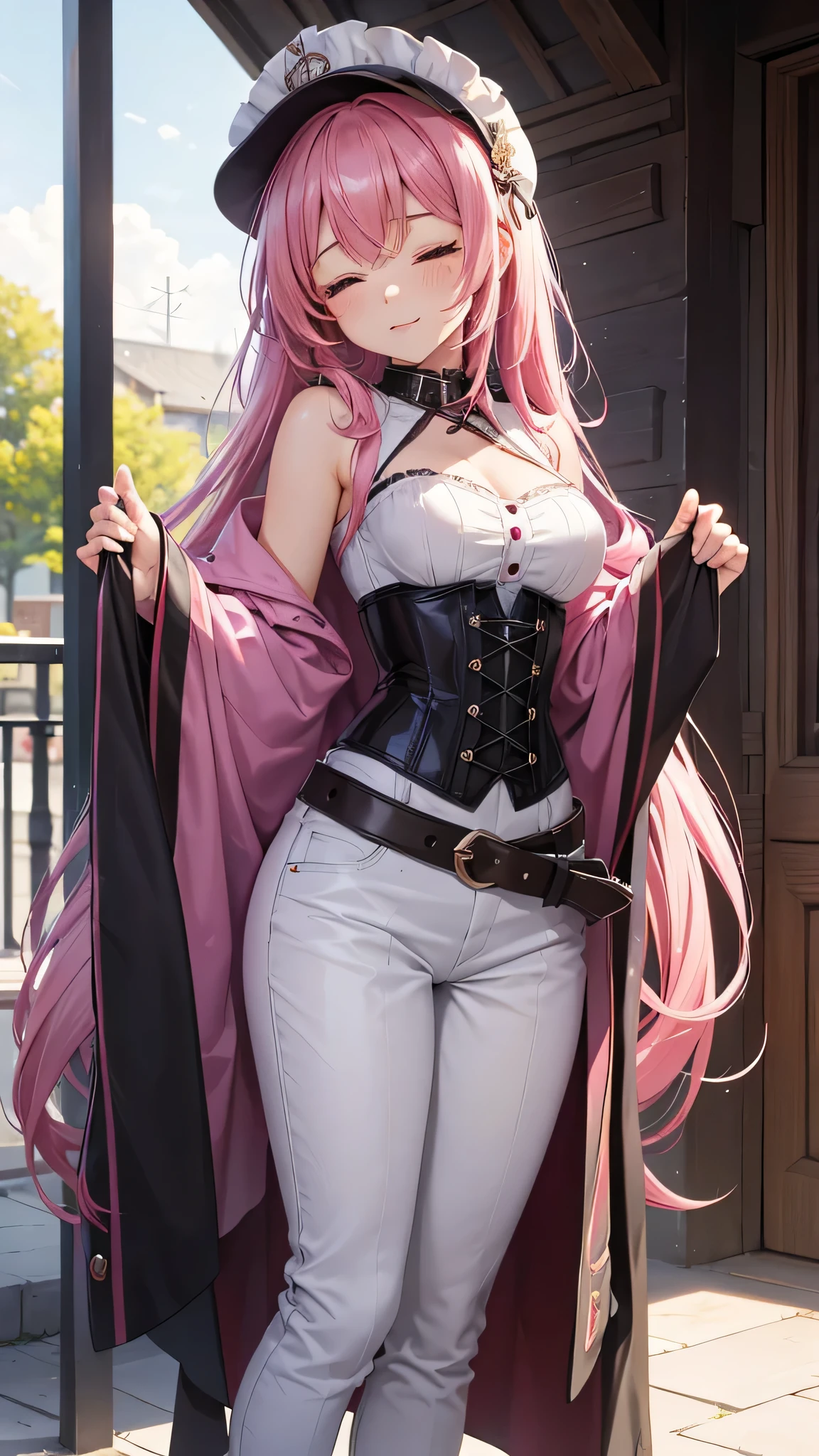 A young 16 year old girl with vibrant pink hair, vestida con un abrigo oscuro y una camisa blanca, with a corset and several belts, pantalones cortos negros y medias hasta el muslo, y botas marrones. The woman has her eyes closed and an expression of gratitude and happiness on her face, ropa muy corta y delgada, le agrada mostrar su cuerpo, chica empoderada, le gusta mostrar su hermoso cuerpo sexualizado porque es muy bella.