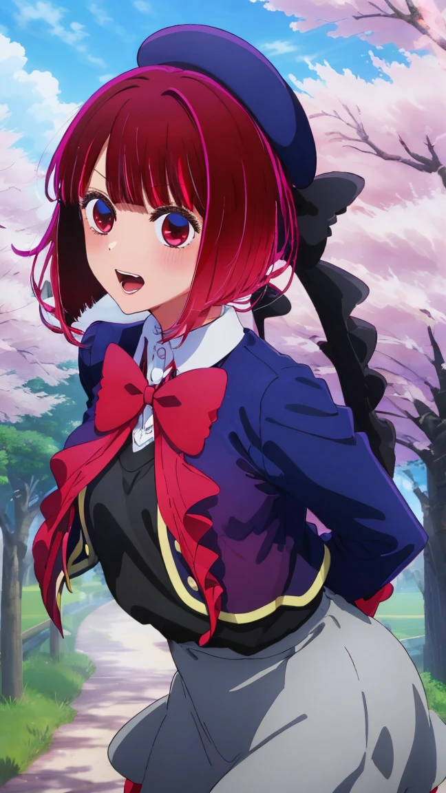 masterpiece, best quality, highres, looking at viewer, aakana, aakana, short hair, beret, red eyes, blue headwear, red bowtie, collared shirt, blue jacket, open jacket, long sleeves, grey skirt, smile, open mouth, standing, leaning forward, arms behind back, outdoors, cherry blossoms,