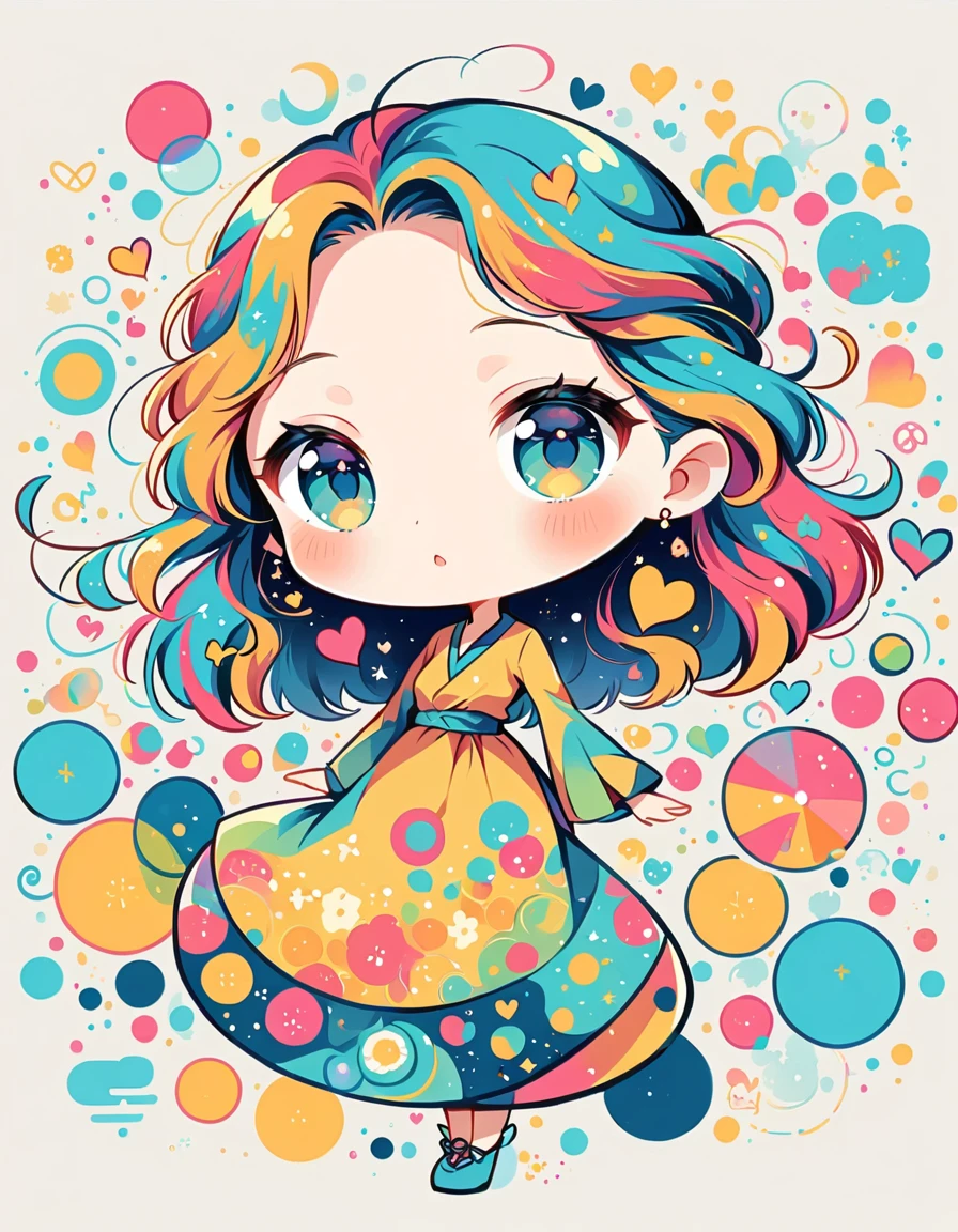 Seizo Watase style, Simple Line Initialism,Abstract art,Urban Background, colorful hearts ,(((The most beautiful girl of all time))), (((chibi))), kittens