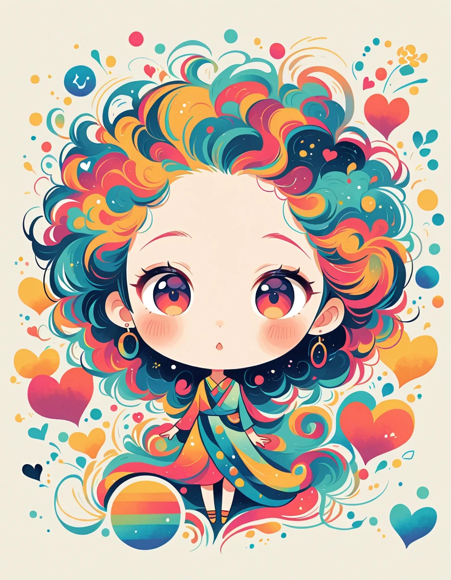 Seizo Watase style, Simple Line Initialism，Abstract art，Urban Background, colorful hearts ,(((The most beautiful girl of all time))), (((chibi))), kittens