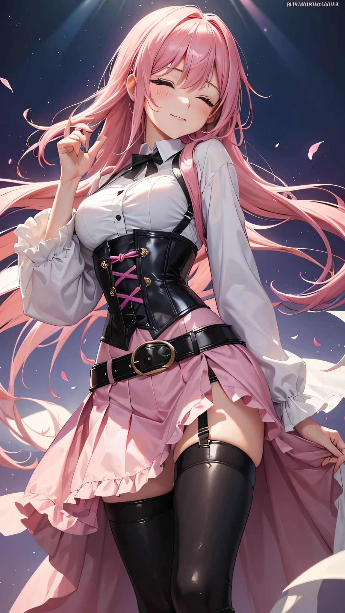 A young 16 year old girl with vibrant pink hair, vestida con un abrigo oscuro y una camisa blanca, with a corset and several belts, pantalones cortos negros y medias hasta el muslo, y botas marrones. The woman has her eyes closed and an expression of gratitude and happiness on her face, ropa muy corta y delgada, le agrada mostrar su cuerpo, chica empoderada, le gusta mostrar su hermoso cuerpo sexualizado porque es muy bella.