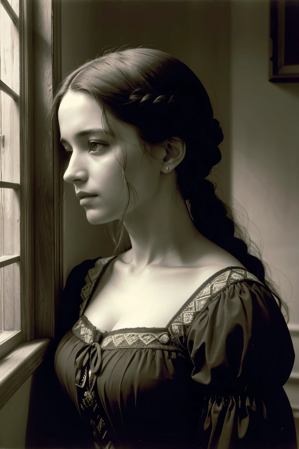 ((melhor qualidade)), ((Obra de arte)), (detalhado), 1 garota, shoulder to shoulder sweater, Mary Todd Lincoln, age, etched with sorrow, peers out of a Victorian window, her visage reflecting the deep, long-standing melancholy of her trials, sepia-toned light casting sharp contours on her weathered features, juxtaposed against the tumultuous world outside, Baroque oil painting style, low key lighting, capturing the weight of history, high emotional depth, ultra clear.