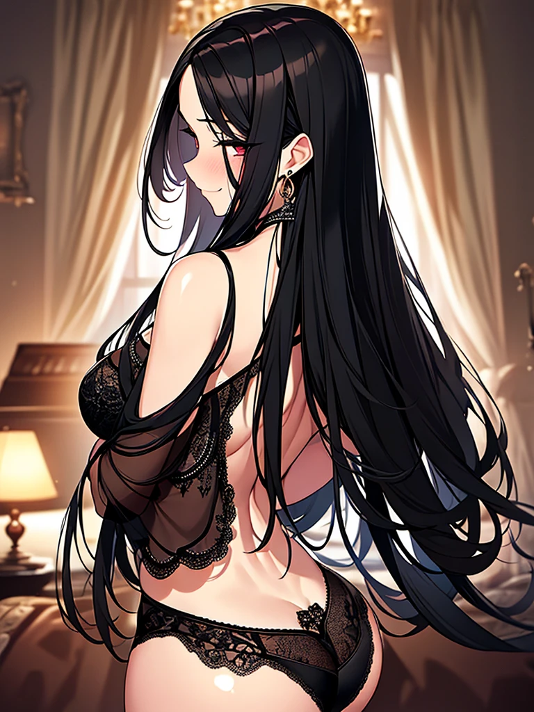 A beautiful woman in lingerie, smirk, (straight long black hair), earrings, (((Extremely Realistic))),FilmGirl, sexy pose, Extremely Realistic,Split_Pose, photorealistic, bedroom , hourglass figure , very detailed, ((blush)), (ass), (black lace underwear)