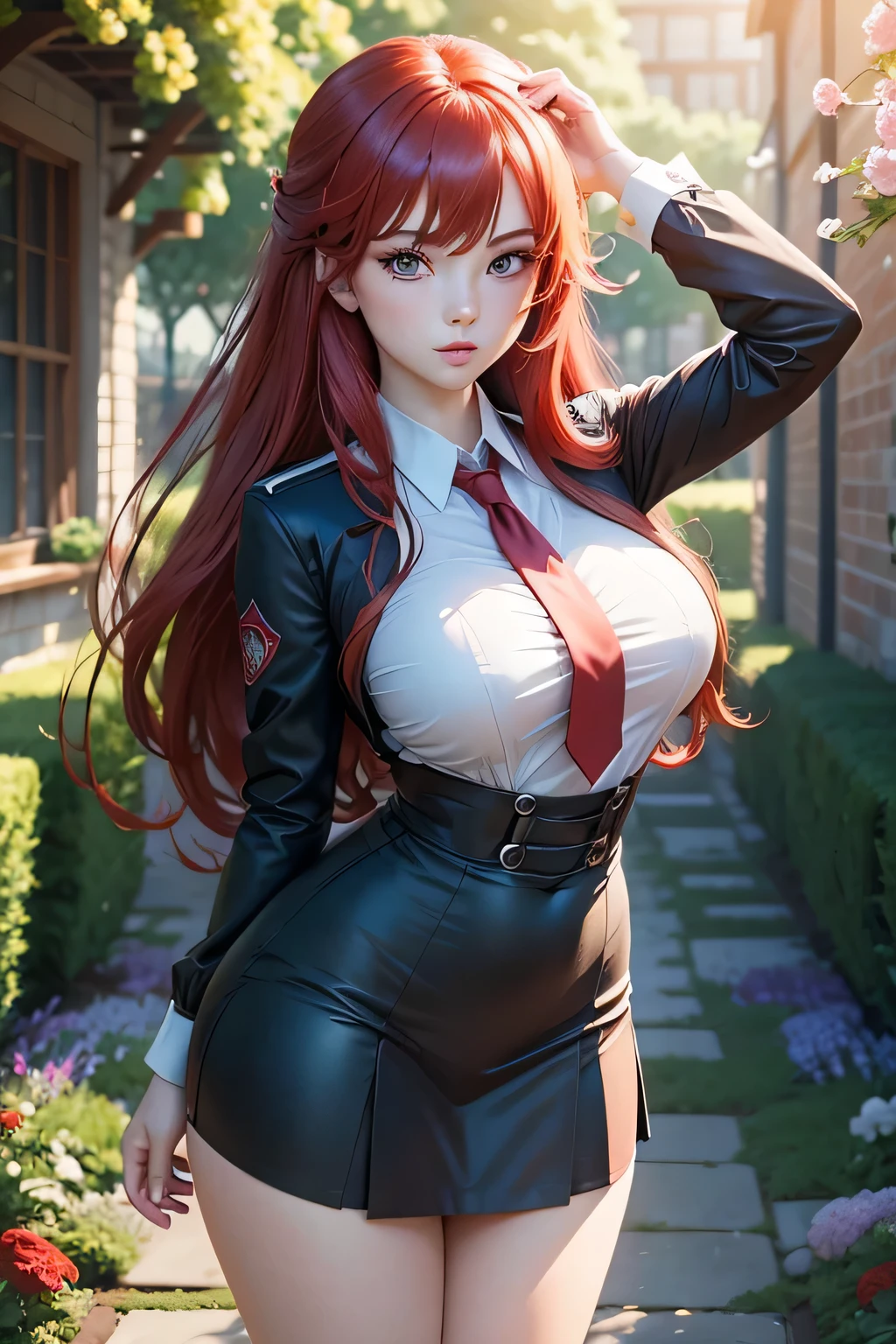 (Rias Gremory:1.1),beautiful detailed eyes,(school uniform) with meticulous details,red hair flowing down her back,long eyelashes,fierce and confident expression,standing in a garden filled with vibrant flowers,soft sunlight illuminating her figure,immaculate complexion,graceful posture,clear blue sky in the background,artistic portrait,high resolution and realistic rendering,vivid colors and sharp focus,portrait in an anime style, NSFW