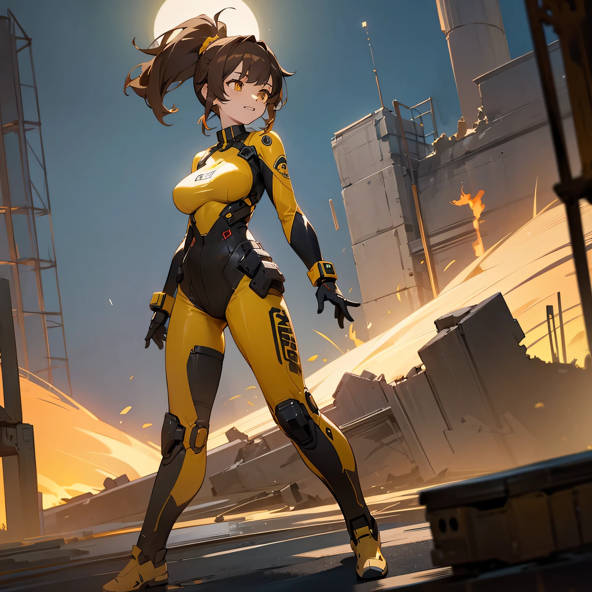 1female, young adult, big breast, finely detailed yellow eyes, wild medium hair, brown hair, ponytail, full body combat suits, standing on ruined building, night time, excited expression,