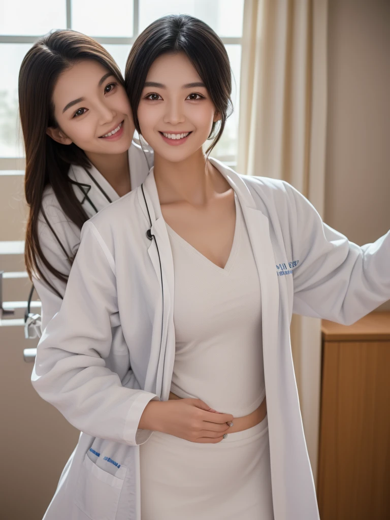 hospital room, 1girl, beautiful slim Japanese woman, wearing (white lab coat:1.47), solid circle eyes, light smile, ccurate, sparkling eyes, (((cheek poking))), (medium shot), high detail, photo-realistic:1.37, 8k, super detail, best quality, masterpiece, anatomically correct, super detail, textured skin,  extremely detailed face and eyes, detailed facial features, ((perfect face))