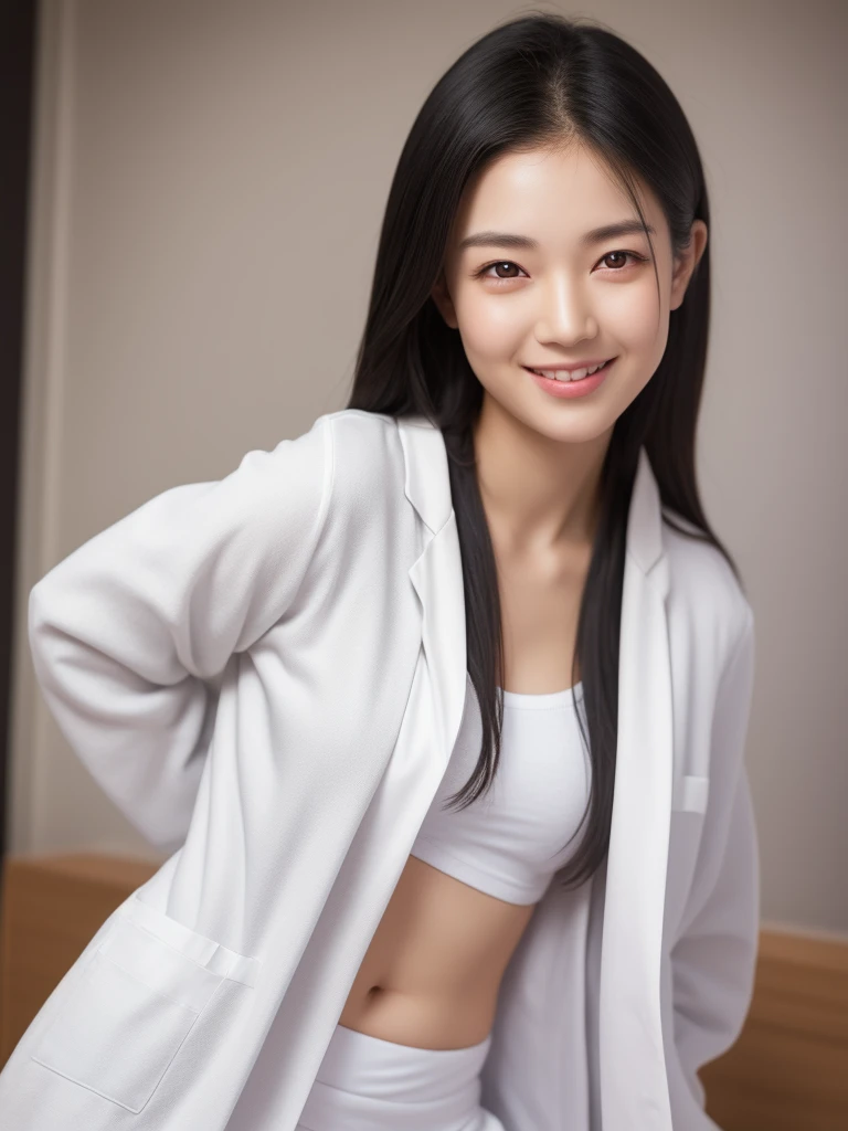 hospital room, 1girl, beautiful slim Japanese woman, wearing (white lab coat:1.47), solid circle eyes, light smile, ccurate, sparkling eyes, (((cheek poking))), (medium shot), high detail, photo-realistic:1.37, 8k, super detail, best quality, masterpiece, anatomically correct, super detail, textured skin, extremely detailed face and eyes, detailed facial features, ((perfect face))