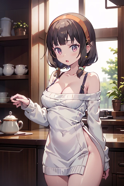 masterpiece, yor, 1girl, Amazing Cleavage:1.3, thin waist, big ass, Raised sexy, medium breast: 1.8 posed cleavage:1.2、solo, looking at viewer, open mouth, have a cup of coffee,black hair, red eyes, dress, bare shoulders, jewelry, collarbone, sidelocks, hairband, earrings, indoors, off shoulder, :o, sweater, arms behind back, plant, short hair with long locks, white hairband, off-shoulder dress, sweater dress, off-shoulder sweater, red sweater, big side hair, very long side hair,is rendered in (masterpiece: 1.2, best quality), with (ultra high resolution) and an exquisite (depth of field). This masterpiece is not only visually stunning but also tells, make of cake cooking ,in the kitchen
