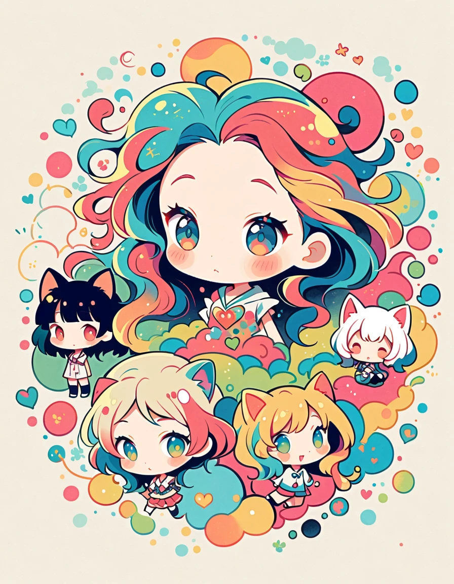 Takashi Murakami style, Simple Line Initialism,Abstract art,Urban Background, colorful hearts ,(((The most beautiful girl of all time))), (((chibi))), kittens