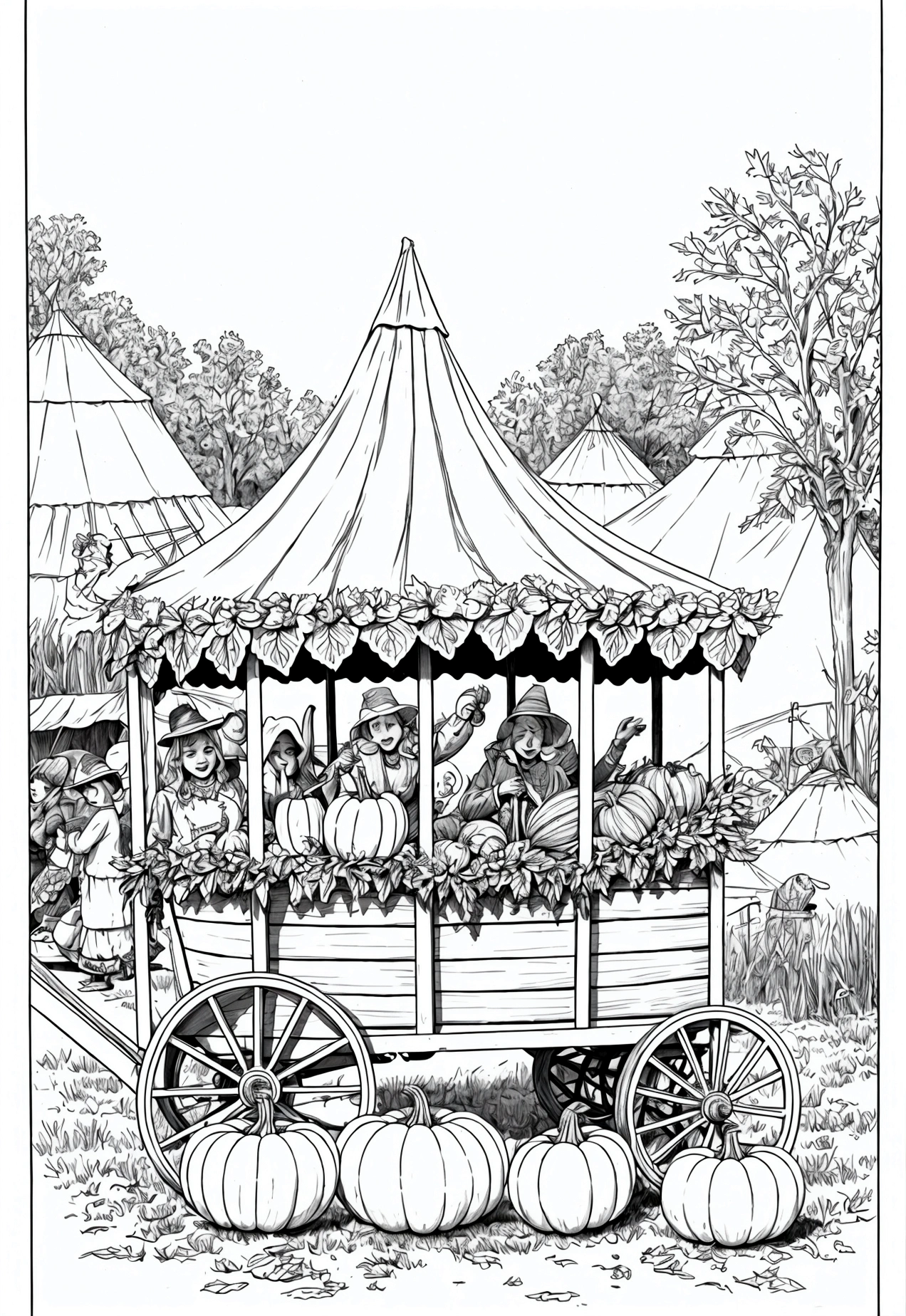 grey and white only, Book page coloring art, All-white background, Use only outlines, line art, coloring book, Clean line art, For coloring Simple and clean line art, coloring book page, perfect symmetric details, Harvest Festival: A small country fair with colorful tents, people enjoying food and games, a hayride wagon filled with happy children, a display of pumpkins, gourds, and corn stalks, and a banner reading "Harvest Festival."