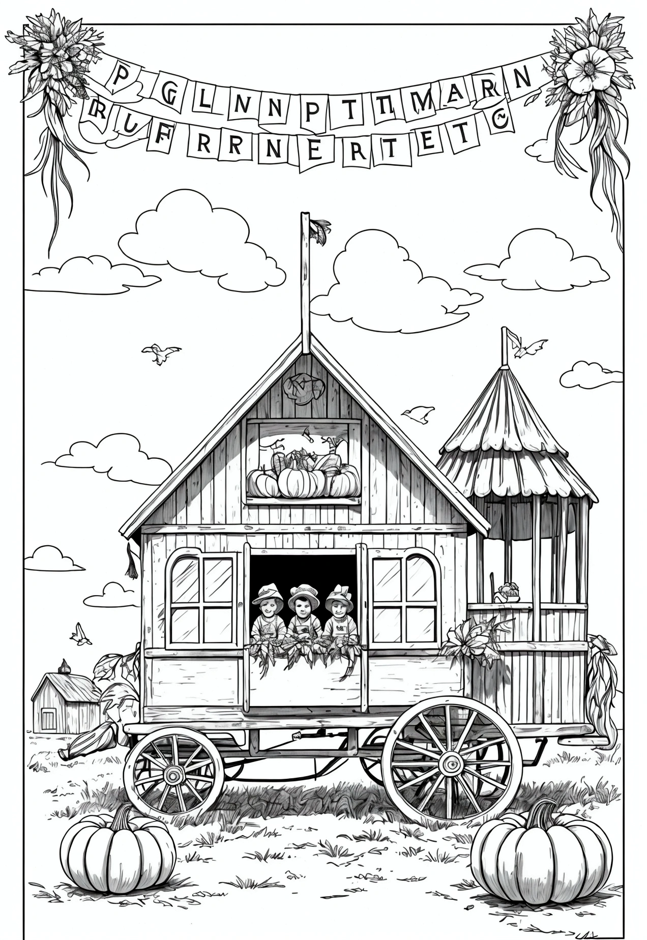 grey and white only, Book page coloring art, All-white background, Use only outlines, line art, coloring book, Clean line art, For coloring Simple and clean line art, coloring book page, perfect symmetric details, Harvest Festival: A small country fair with colorful tents, people enjoying food and games, a hayride wagon filled with happy children, a display of pumpkins, gourds, and corn stalks, and a banner reading "Harvest Festival."