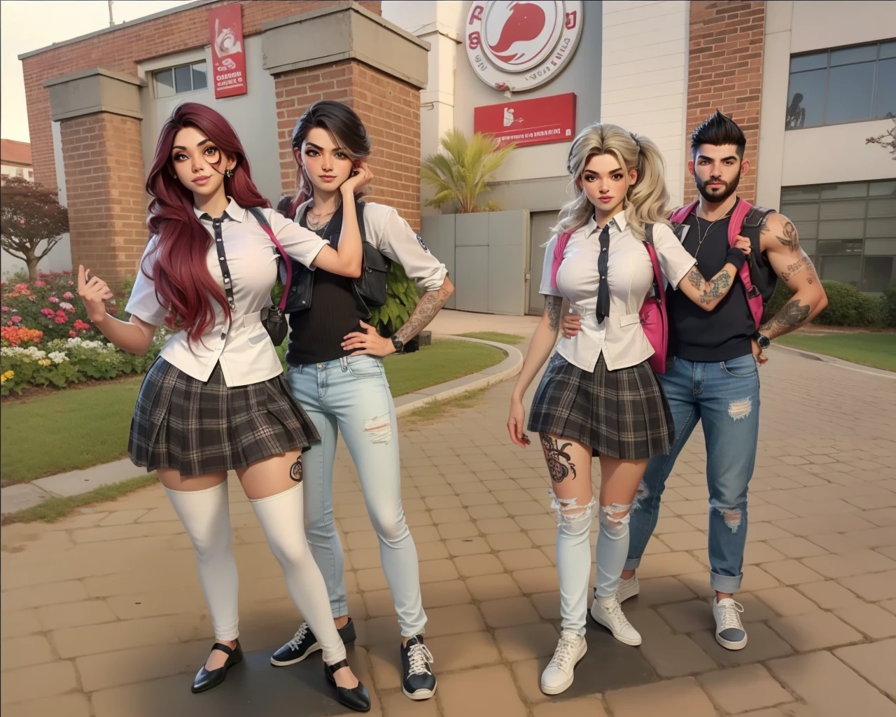 Best quality, casal, adolescentes, camisa com gravatas, cabelos longos curto loiros vermelhos preto, mochila, Jeans, sapatos brancos, saia, ambiente escolar, tatto, namorados