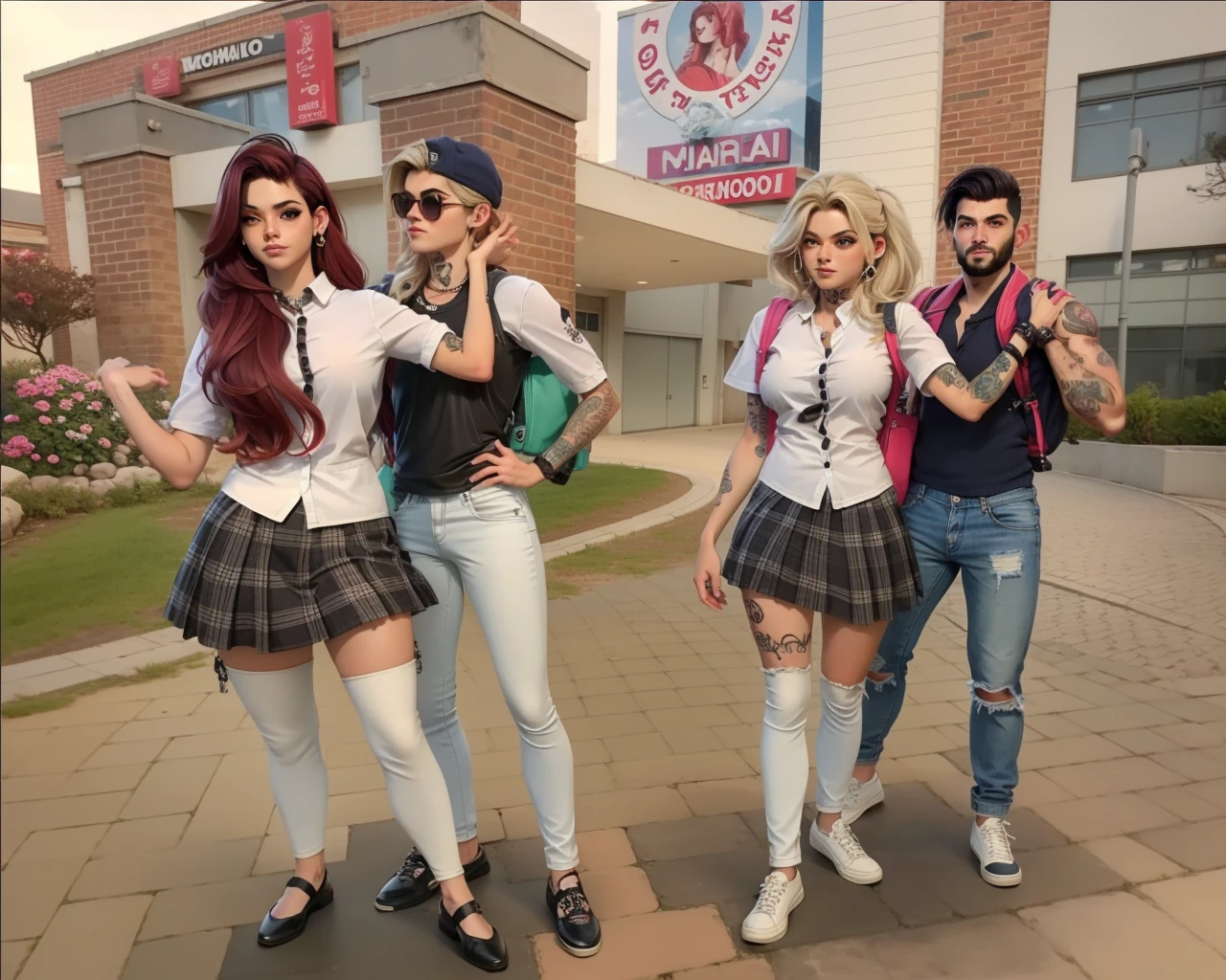 Best quality, casal, adolescentes, camisa com gravatas, cabelos longos curto loiros vermelhos preto, mochila, Jeans, sapatos brancos, saia, ambiente escolar, tatto, namorados