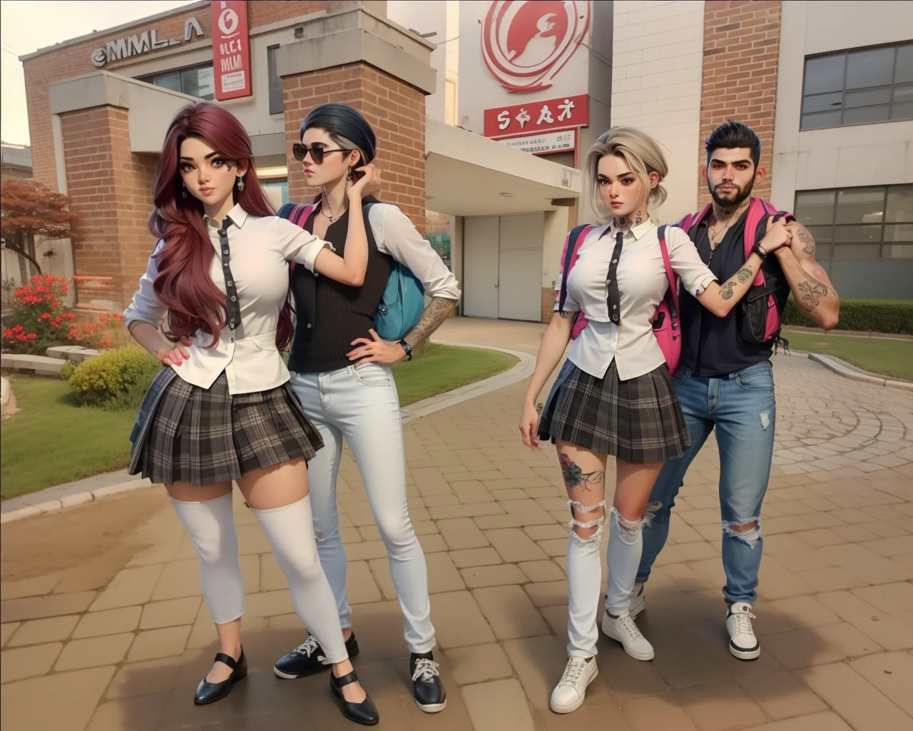 Best quality, casal, adolescentes, camisa com gravatas, cabelos longos curto loiros vermelhos preto, mochila, Jeans, sapatos brancos, saia, ambiente escolar, tatto, namorados