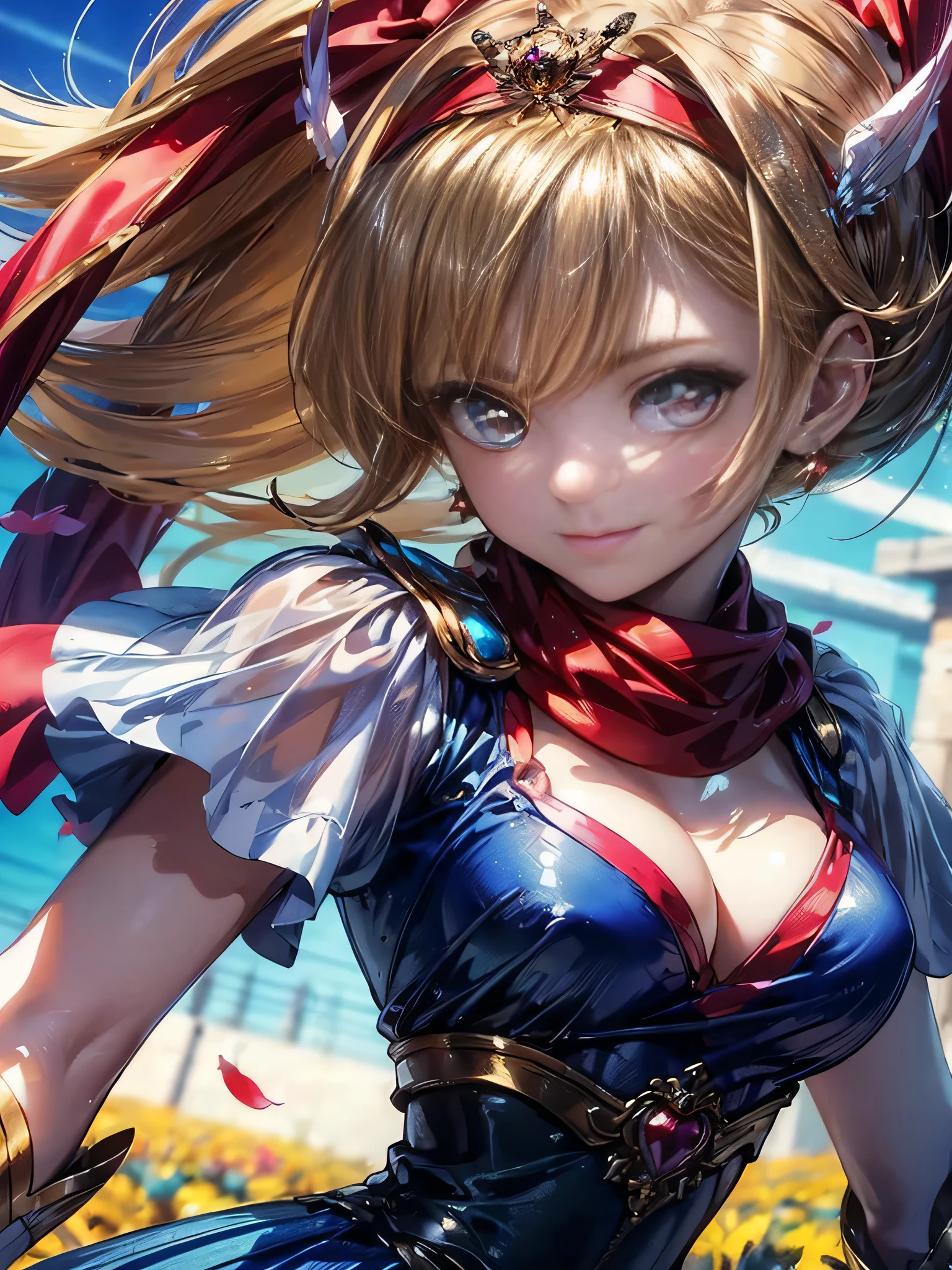 masterpiece、1 beautiful girl、fine eyes、smile,puffy eyes、highest quality, 超High resolution, (reality: 1.4), movie lighting、super beautiful、beautiful skin、body facing forward、Upper body,close up of face,(Ultra-realistic)、(High resolution)、(8k)、(very detailed)、(Beautiful and fine eyes)、(Super detailed)、 (wall-)、detailed face、bright lighting、professional lighting、looking at the viewer、look straight ahead、slanted bangs、perfect cosplay, highest quality,super detailed,1 girl,alone,magical princess,blonde hair,blue clothes,blue skirt,brown eyes,feather hair band,long hair,pauldron,boots,red scarf,tiara,white shoes, flower field background,prepare a bow