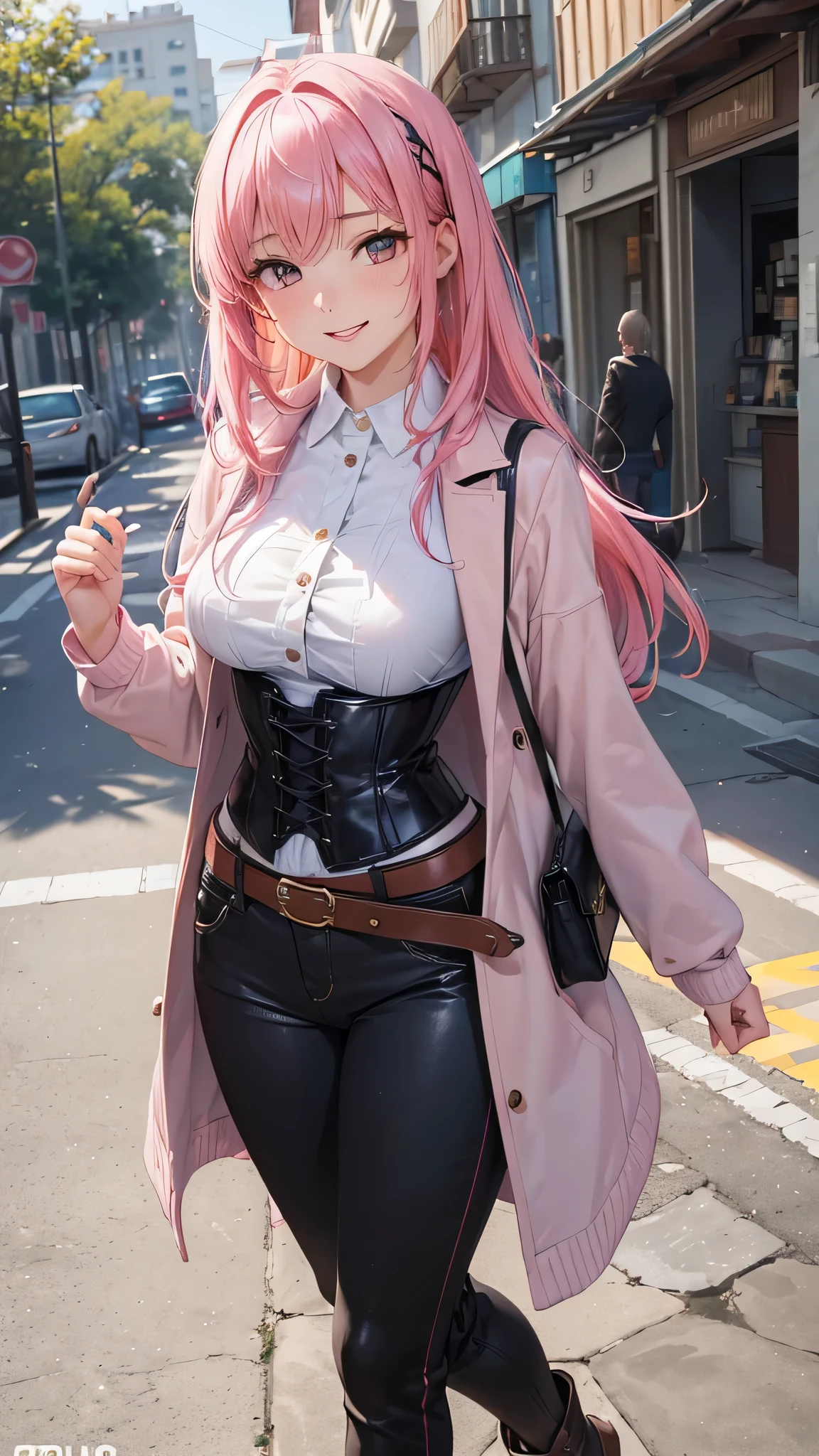 Toda la imagen con detalles intrincados nivel profesional: "(A  girl with vibrant pink hair, vestida con un abrigo oscuro y una camisa blanca, with a corset and several belts, pantalones cortos negros y medias hasta el muslo, y botas marrones. The woman has her eyes closed and an expression of gratitude and happiness on her face, ropa muy corta y delgada, le agrada mostrar su cuerpo, chica empoderada, le gusta mostrar su hermoso cuerpo sexualizado porque es muy bella, con rasgos femeninos pronunciados, (a veces le gusta salir casi o toda desnuda a la calle), random angle.)"