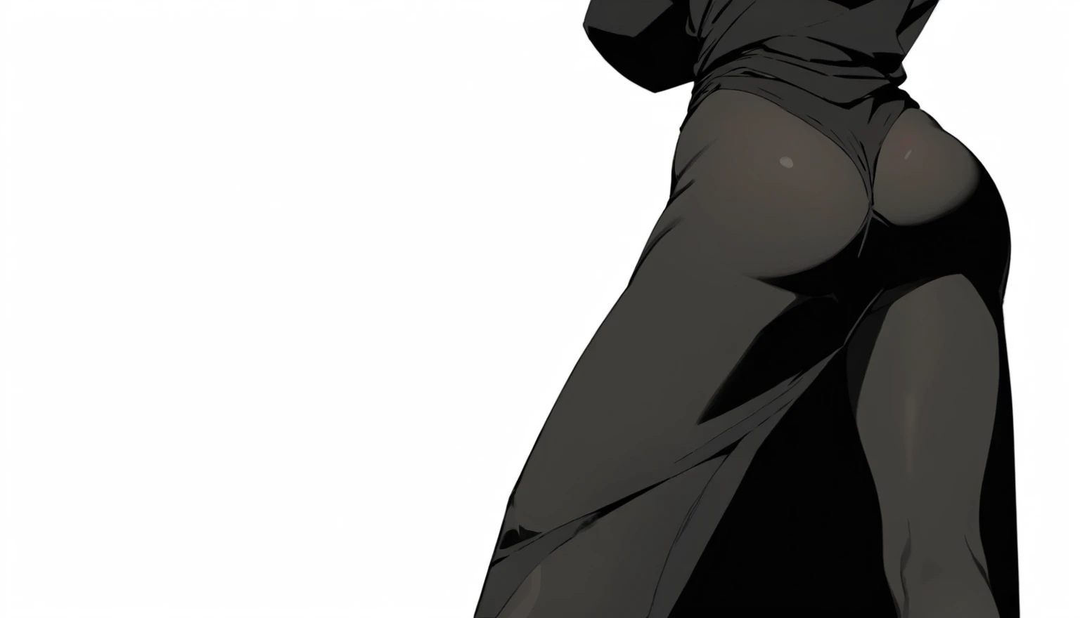 (masterpiece, best quality, high resolution: 1.3), ultra-detailed,Depict in an anime style a close-up of a woman's lower body from the waist to the armpits, facing away from the viewer, wearing a tight-fitting black kimono with a full, rounded buttocks and plump thighs, standing with her legs spread apart, and performing a twisting waist motion that raises one side of the buttocks higher than the other.