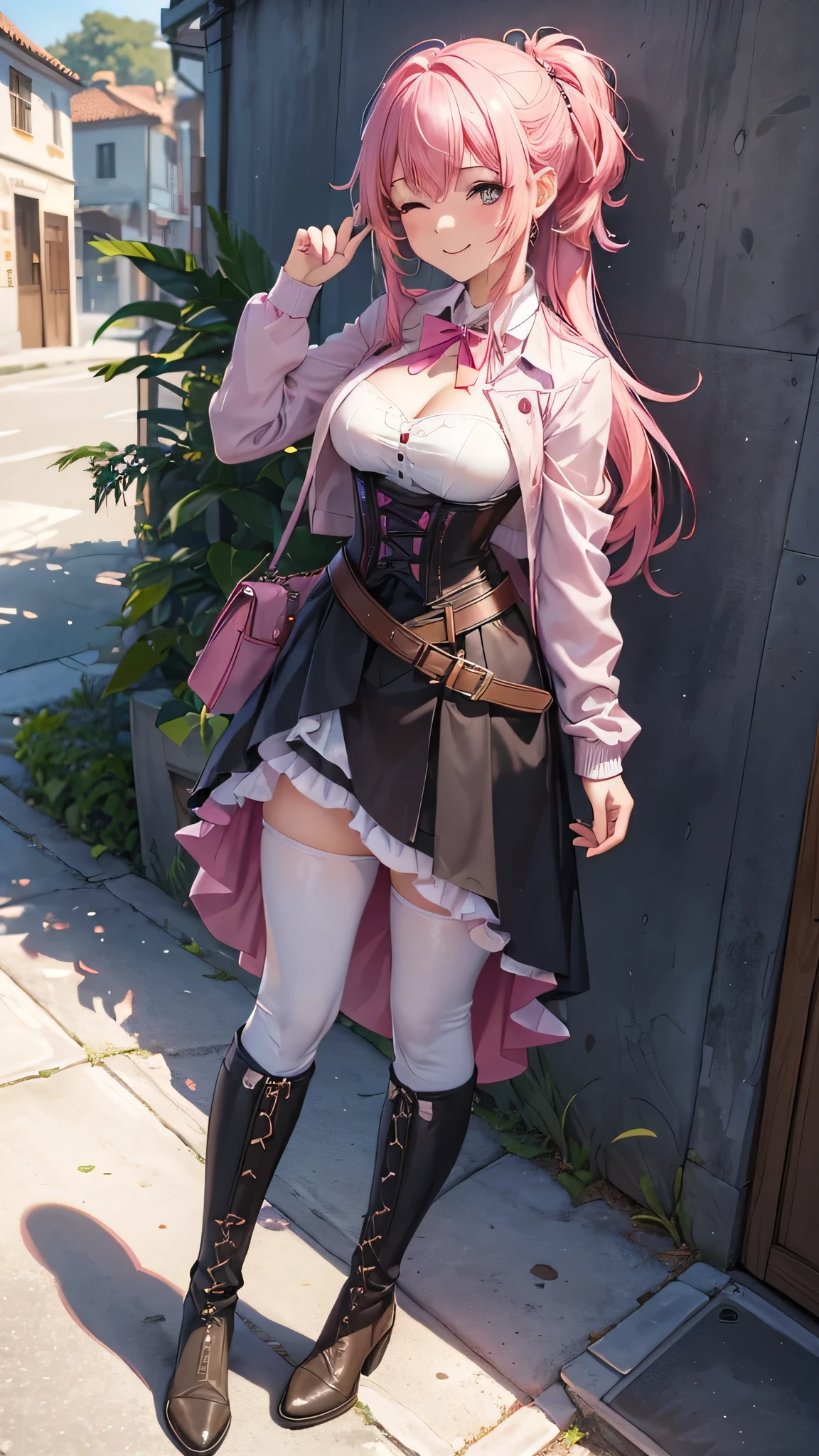 Toda la imagen con detalles intrincados nivel profesional: "(A young 16 year old girl with vibrant pink hair, vestida con un abrigo oscuro y una camisa blanca, with a corset and several belts, pantalones cortos negros y medias hasta el muslo, y botas marrones. The woman has her eyes closed and an expression of gratitude and happiness on her face, ropa muy corta y delgada, le agrada mostrar su cuerpo, chica empoderada, le gusta mostrar su hermoso cuerpo sexualizado porque es muy bella, con rasgos femeninos pronunciados, (a veces le gusta salir casi o toda desnuda a la calle), random angle.)"