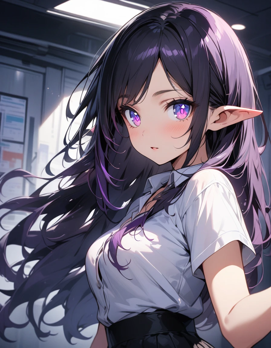 ((highest quality, masterpiece, ultra high definition, high resolution)), ((ultra-detailed illustrations:1.2)), 1 girl, solo, anime style, beautiful hair, parted bangs, loose hair, long hair, black hair, dark purple hair, multi colored hair, beautiful detailed eyes, beautiful detailed pupils, violet eyes, looking at viewer, pointed ears, mid-chest, white shirt, collared shirt, short sleeves, black mini skirt, pantyhose, shiny skin, shiny, indoor, office