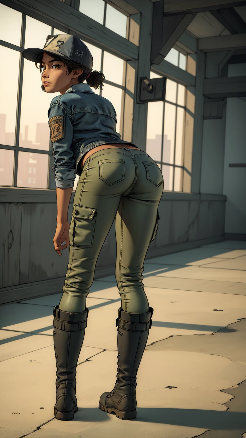((masterpiece, best quality)),(complex lighting) ,solo,(((1girl))) ,clementine, light skin,light-skinned female, baseball cap, green cargo pants, brown eyes, tight pants, combat boots, shirt, short hair, one short ponytail, open denim jacket, huge , thicc butt((8k))), (((full body))), (((bent over))), (((looking at the viewer))), cameltoe
