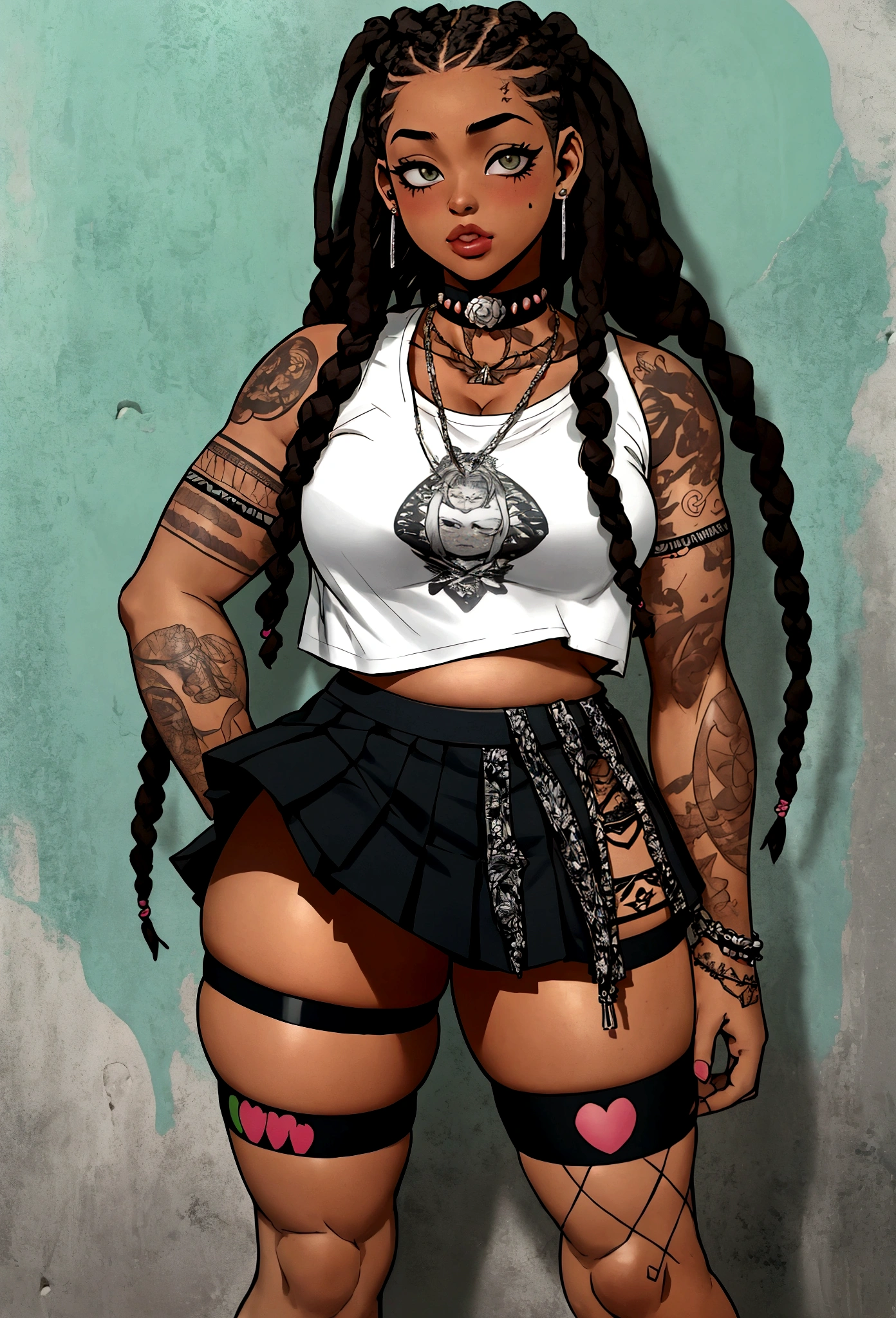 punk afro chubby girl with long freeform braided locs hairstyle and hairy legs)) (wearing cropped punk T-shirt and pleated skirt with fishnet stockings), plump thighs and soft big jiggly butt, (wearing diamond choker necklace), (cannabis flower tattoos on arms and legs), plump legs,
