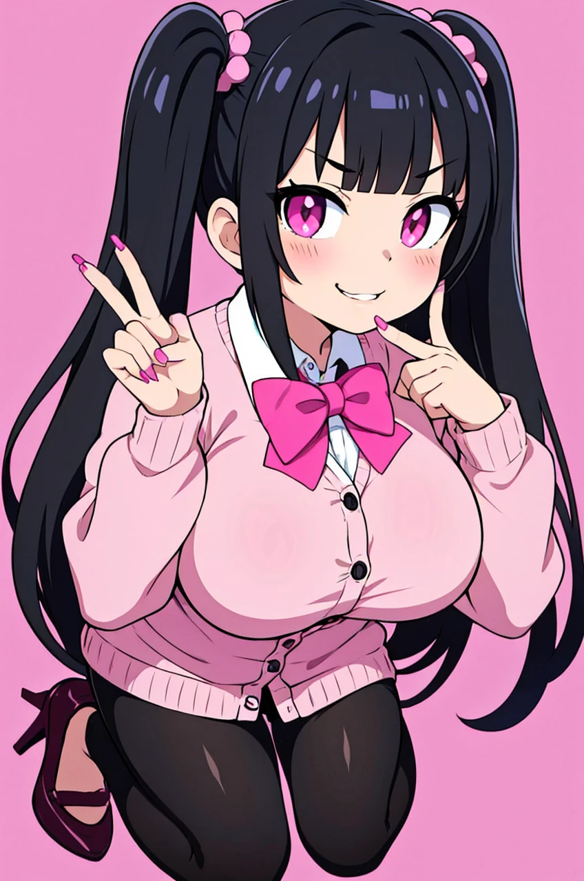 Mimi is an adult with black hair tied up into twintails with pink hair bows. She has straight bangs. She has pink eyes. She has big breasts and shiny oiled skin. She wears a gyaru inspired outfit with a pink cardigan, white mini skirt, black tights, white legwarmers, and loafer shoes. She had an evil grinning expression. She is short. She has long pink nails. Cute background. Sparkles. She is a domme. Low angle, hentai