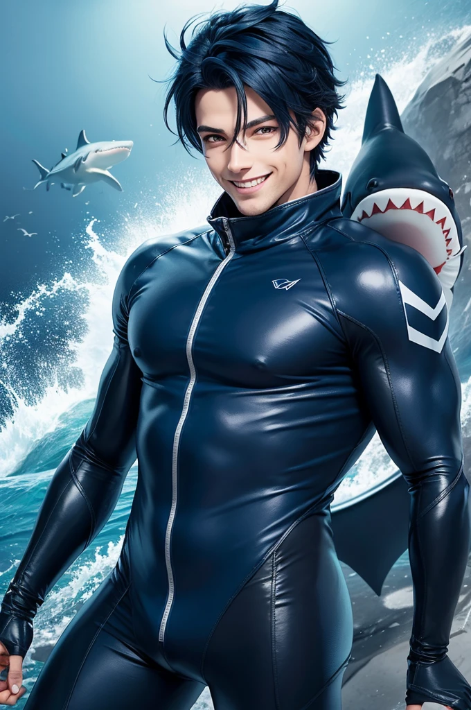 Desenho, anime male character with dark blue hair and dark blue eyes dressed in shark outfit smiling
