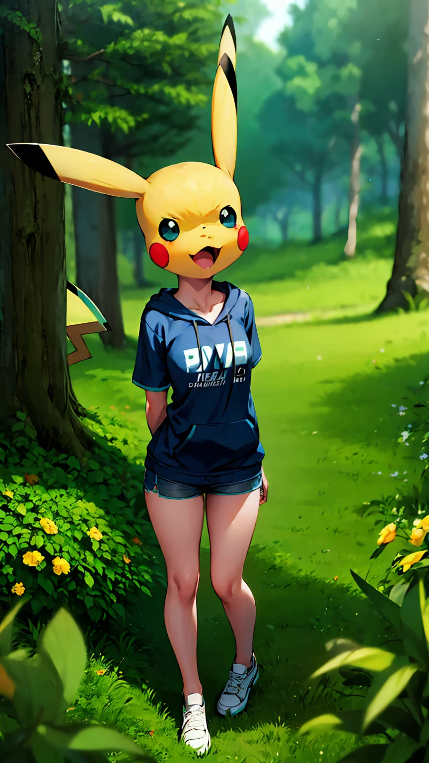 uhd, absurdres, cowboy shot 1girl, Hatsune Miku, bare legs, hoodie, short sleeves, in a bright forest, ((with a pikachu))