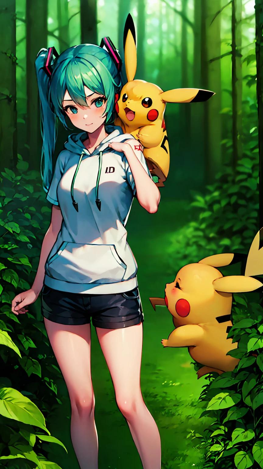 uhd, absurdres, cowboy shot 1girl, Hatsune Miku, bare legs, hoodie, short sleeves, in a bright forest, ((with a pikachu))