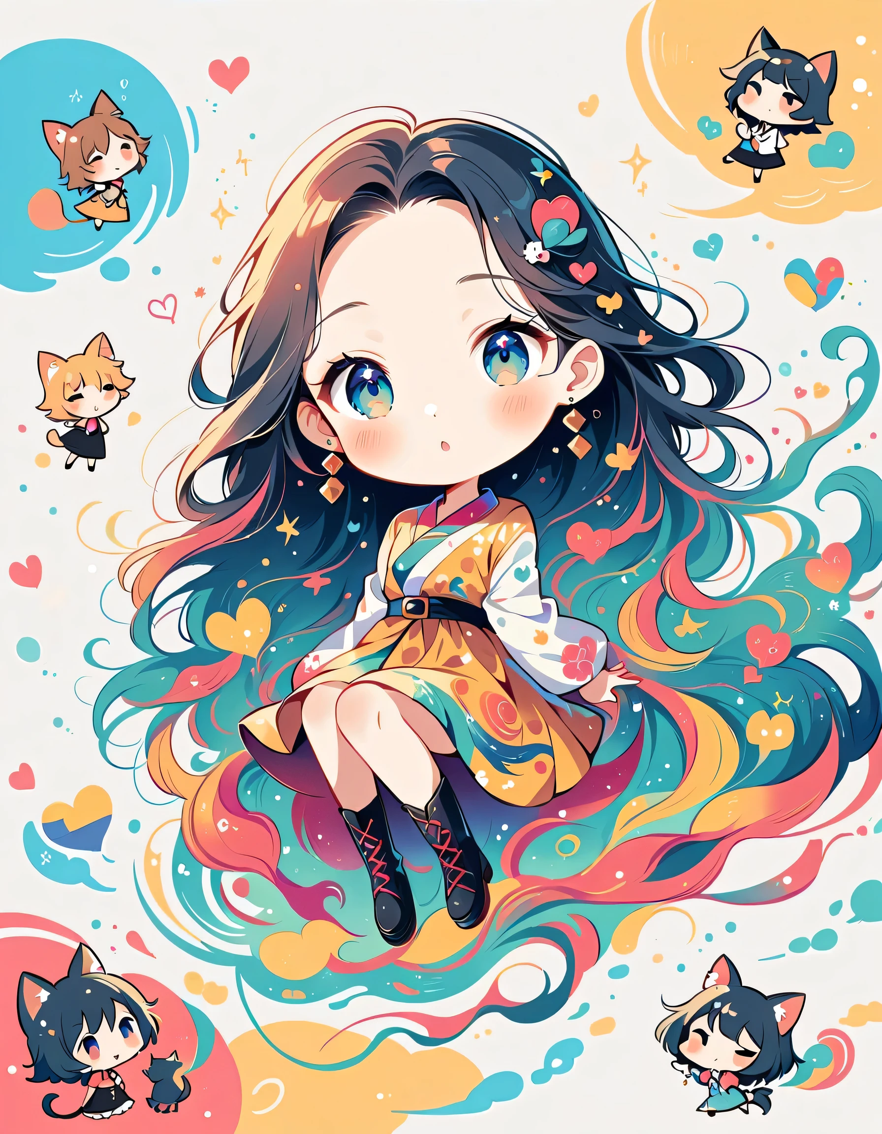 Seizo Watase style, Simple Line Initialism,Abstract art,Urban Background, colorful hearts ,(((The most beautiful girl of all time))), (((chibi))), kittens