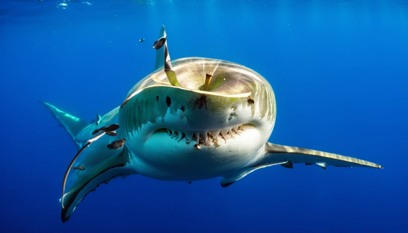 Photo of an apple:1 AND photo of a shark:0.7