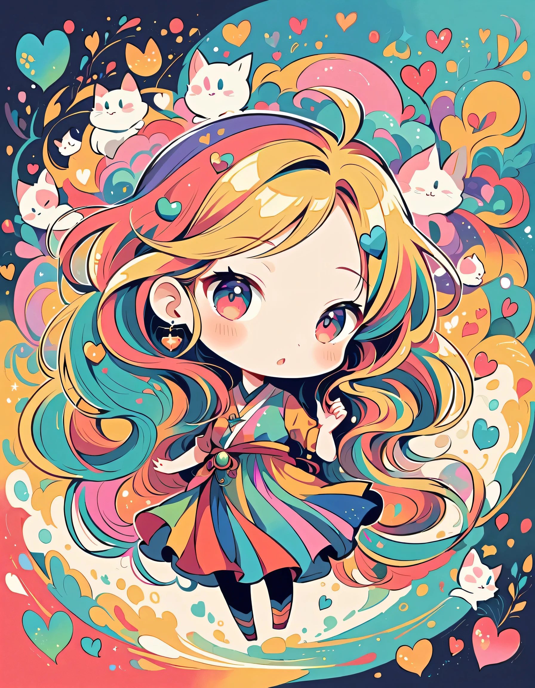 Seizo Watase style, Simple Line Initialism,Abstract art,Urban Background, colorful hearts ,(((The most beautiful girl of all time))), (((chibi))), kittens
