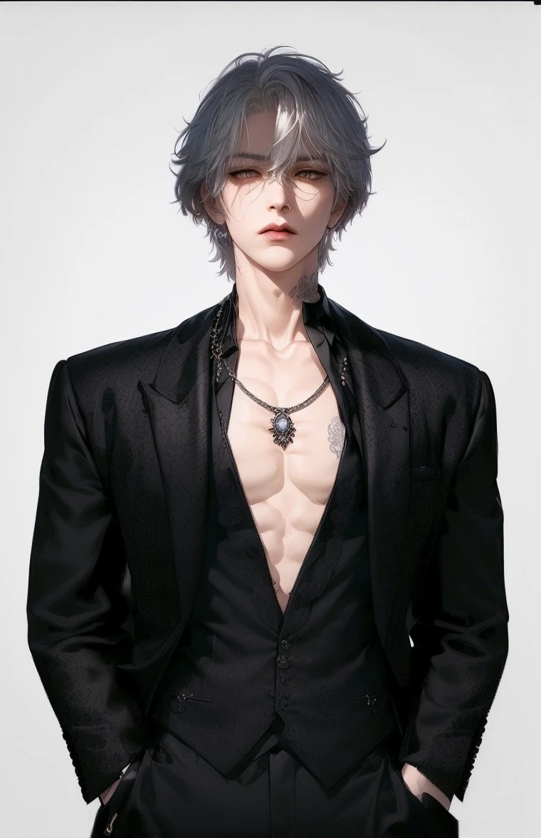 (1 boy, male focus, tattoo, solo, white hair, chain, shirt, black necktie, necktie, simple background, yellow eyes, upper body, vest, short hair, looking at viewer, parted lips, collared shirt, round eyewear, long sleeves, neck tattoo, hand on own shoulder, arm tattoo, black shirt, red background, brown vest, monocle, jewelry, looking away:1.2),(best quality, ultra-detailed, 8k, masterpiece, photorealistic:1.37)