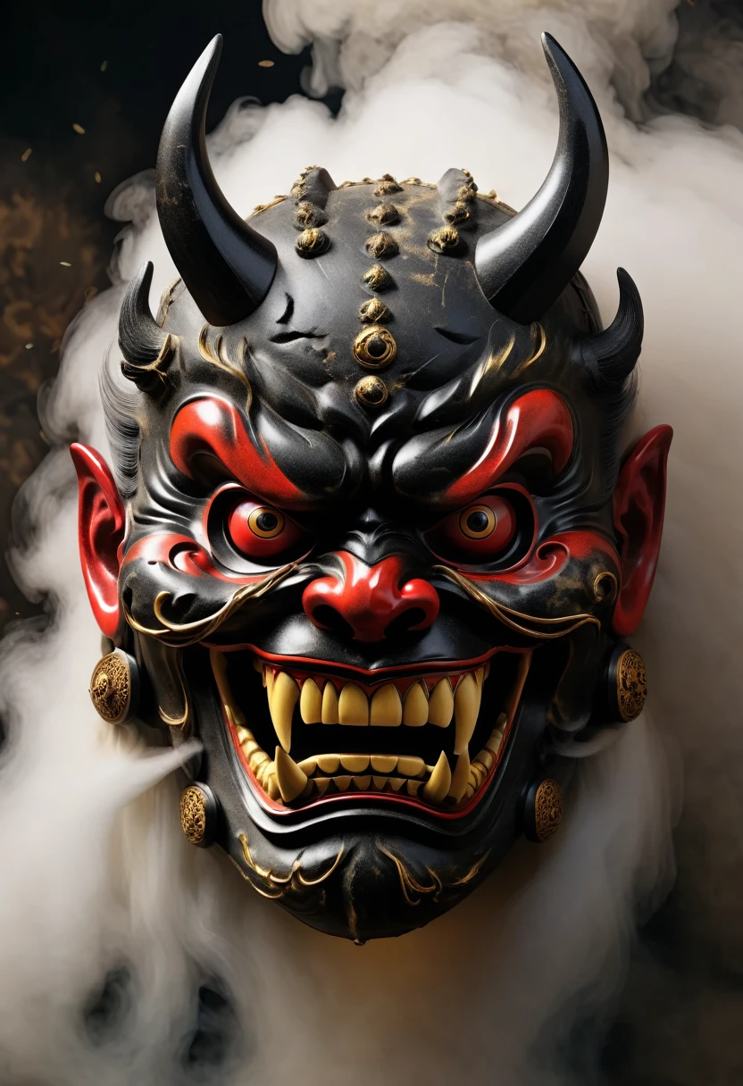 Japanese demon mask, Japan ancient style, pele feita de pedra, detalhes realistas,  misterioso, 8k resolution, visual simples, ultra-detalhado, smoke around, mechanic, somente a mascara sem adicionais, ser feita de pedra, que possa ser usada como logo 