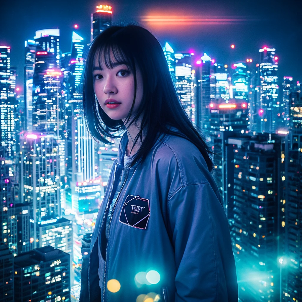"Big city at night、A young woman wanders amongst the neon-lit skyscrapers。She has a vague facial contour.、Has a lonely look。Transparent bubbles float around the woman.、Each bubble seems to reflect her thoughts and dreams.。Starry sky spreads out in the background、The contrast between the hustle and bustle of the city and the quietness of it all is depicted.。The color scheme is based on cool blue and purple.、The bubbles and the woman are depicted as floating in a soft light.、Overall silence and solitude、It has a fantastical atmosphere that gives a sense of transience.。", High resolution, masterpiece, highest quality, Intricate details, Very detailed, Clear focus, Delicate skin, practical skin texture, texture, Delicate eyes, Professional, 4K, Shot with Canon, 85mm, Shallow and deep, Kodak Vision Color, Exactly, Very detailed, photograph_\(Extremist\), photographpractical, practical, Post-processing, Maximum details, Roughness, Real Life, Extremist practical, Photorealism, photographgraphy, 8K Ultra HD, photographgraphy